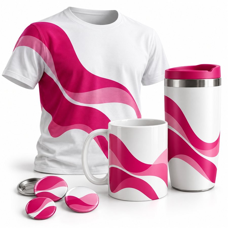Composición referencial de polera, taza, chapitas y termo en magenta y blanco